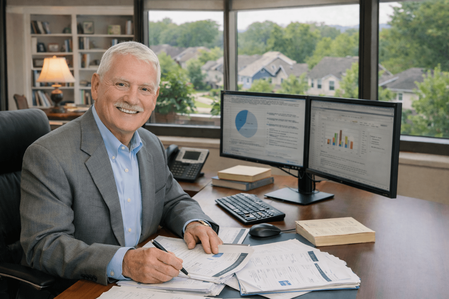 An AI created image of Joe smiling while working at his desk with two monitors and three windows overlooking several neighboring houses. Image is meant to portray Joe as a professional mortgage originator.